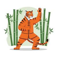 Tiger in Kung Fu Pose Surrounded by Bamboo in Flat Art vector
