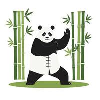 Panda character in playful pose surrounded by green bamboo in flat art vector