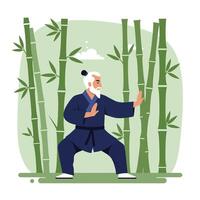 Elderly martial artist practicing in a serene bamboo grove flat art vector