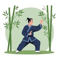 Martial artist practicing movements surrounded by bamboo in flat art vector