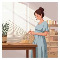 Woman weaving a basket in a minimal style illustration vector