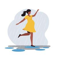 Pregnant woman joyfully dancing in rain with flat design elements in art vector