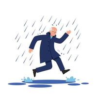Happy elderly man joyfully splashing in puddles during rain in flat art vector