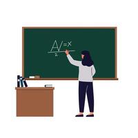 Teacher explaining mathematical formula on chalkboard in flat art vector