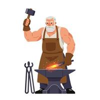 Blacksmith crafting metal tools in a flat, minimal illustration vector