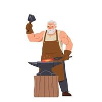 Strong blacksmith working at an anvil in flat art style vector