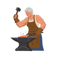 Blacksmith crafting iron using a hammer in flat art illustration vector