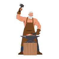 Strong blacksmith character in apron with hammer in flat art vector
