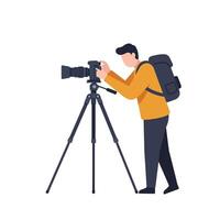 Photographer adjusting camera settings in flat design art vector
