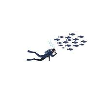 Scuba diver exploring underwater world in flat art style with fish and bubbles vector
