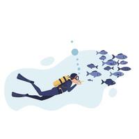 Scuba diver exploring underwater world with fish in flat illustration xxqw vector