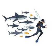 Diver exploring underwater scene with sharks in flat illustration vector