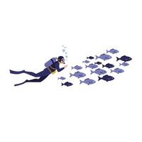 Diver interacting with fish in a detailed minimal style art vector