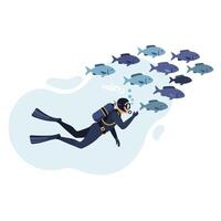 Scuba diver exploring underwater world with fish in flat illustration dqsade vector