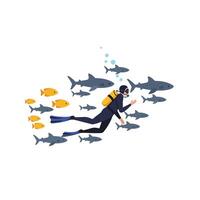 Scuba diver exploring underwater world with fish and sharks in flat art vector