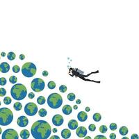 Diver exploring underwater world with floating Earth globes in minimal art vector