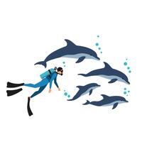 Diver exploring playful dolphins in a minimal and colorful illustration vector