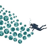 Scuba diver exploring earth-themed bubbles in minimal flat art vector