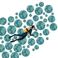 Scuba diver exploring underwater bubbles in flat design art vector