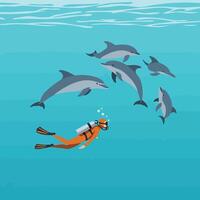 Dolphin interaction with scuba diver in flat art style illustration vector