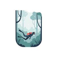 Diver exploring underwater forest in flat minimal illustration style art vector