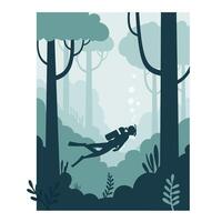 Scuba diver exploring underwater forest in minimal flat art vector