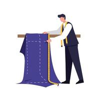 Tailor measuring fabric on a wooden table in flat art style illustration vector