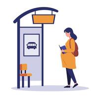 Woman waiting at bus stop in minimal flat illustration vector