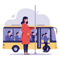Pregnant woman standing on bus with passengers in flat illustration vector
