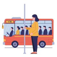 Pregnant woman standing by bus with seated passengers in flat illustration vector