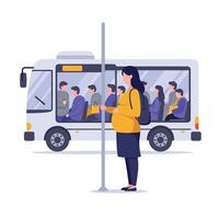 Pregnant woman waiting at bus stop in minimal art style with passengers inside vehicle illustration vector