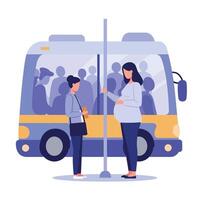 Two women on a bus with passengers in flat illustration vector