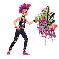 Punk girl with colorful mohawk creating graffiti in flat art vector