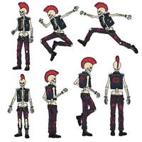 Skeleton punk character in dynamic poses with detailed flat design art vector