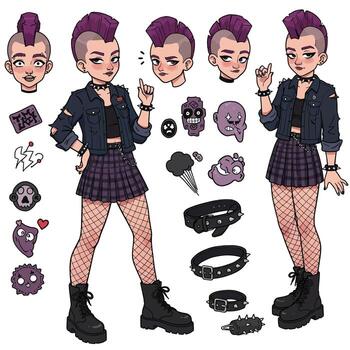 Punk character transformation in minimal style with accessories and expressions art vector