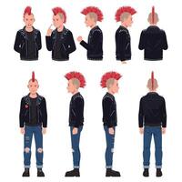 Punk character design with mohawk hairstyle in flat art style showcasing various poses art vector