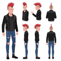 Punk character design showcasing multiple angles in flat illustration vector