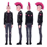 Punk character design in detailed illustration showcasing different angles and vibrant colors vector