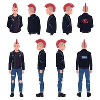 Punk character design showcasing various angles with detailed flat art vector