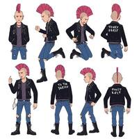 Punk character design in flat style showcasing multiple poses and expressions art vector