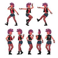 Punk character with vibrant colors in dynamic poses, flat illustration vector