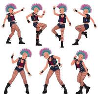 Punk rock dancer in vibrant colors with dynamic poses in flat art vector