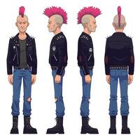 Punk character design featuring detailed flat illustration style in four unique views art vector