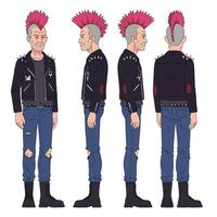 Punk character design in detailed flat style showcasing multiple angles in illustration vector