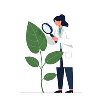 Scientist examining large green leaf with magnifying glass in flat art vector