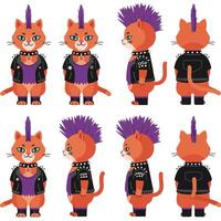 Punk cat character design in flat style showcasing various poses and expressions art vector