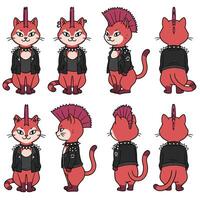 Punk cat character design in flat style showcasing different angles illustration vector