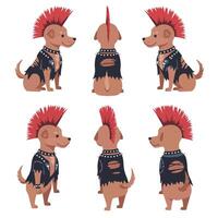 Punk styled dog character in multiple poses, flat illustration vector