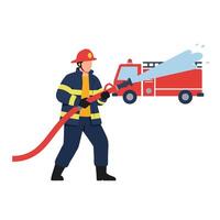 Firefighter in action with hose and fire truck in flat art vector