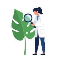 Scientist examining a large green leaf in a minimal style illustration vector